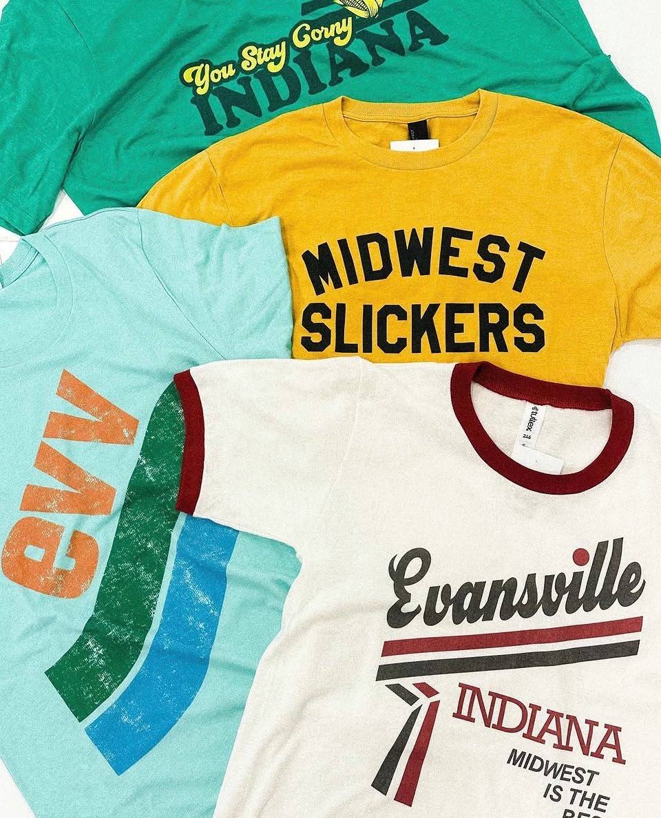 Evansville Ringer Tee: Retro Snack Bag Script Shirt