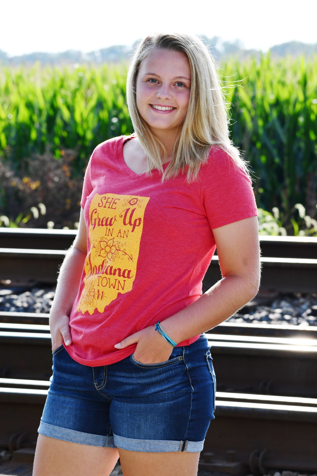 She Grew Up in an Indiana Town Red V-Neck Tee: Song Lyric State Shirt