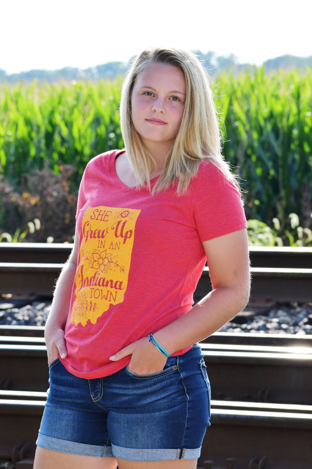 She Grew Up in an Indiana Town Red V-Neck Tee: Song Lyric State Shirt