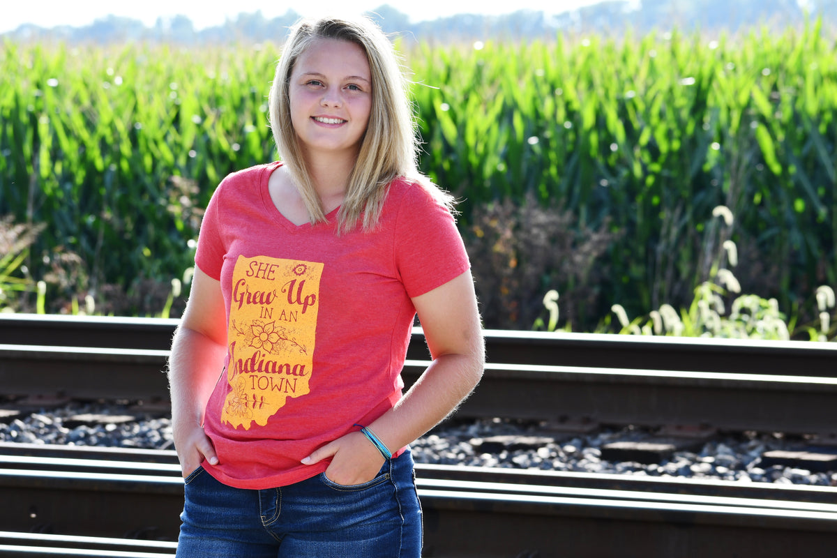 She Grew Up in an Indiana Town Red V-Neck Tee: Song Lyric State Shirt
