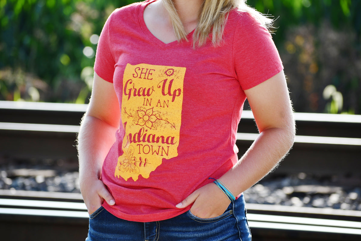 She Grew Up in an Indiana Town Red V-Neck Tee: Song Lyric State Shirt