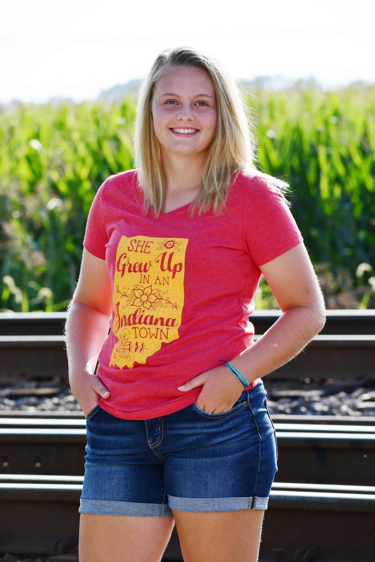 She Grew Up in an Indiana Town Red V-Neck Tee: Song Lyric State Shirt
