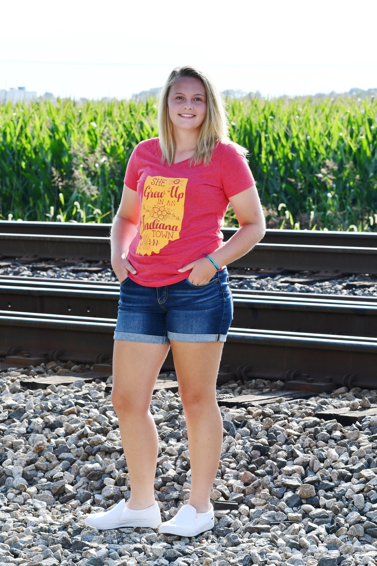 She Grew Up in an Indiana Town Red V-Neck Tee: Song Lyric State Shirt