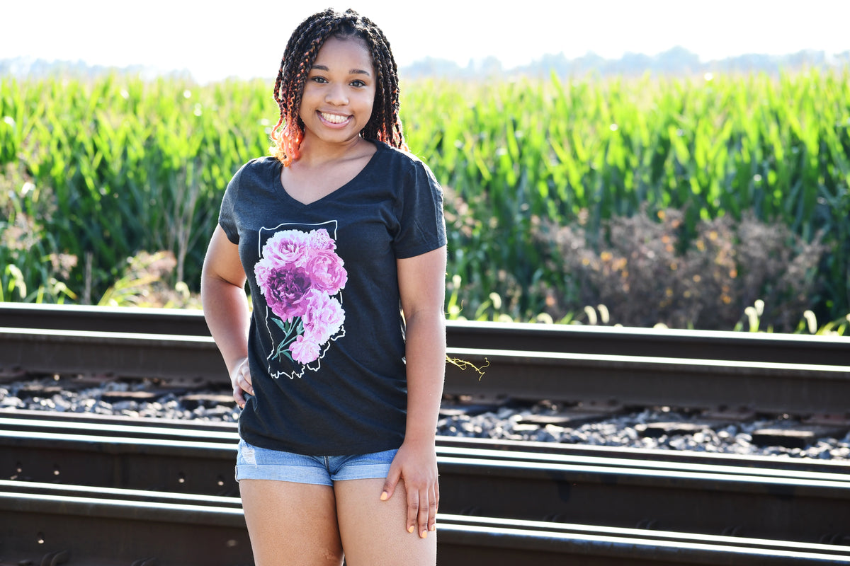 Indiana Peonies V-Neck Tee: Floral State Shirt