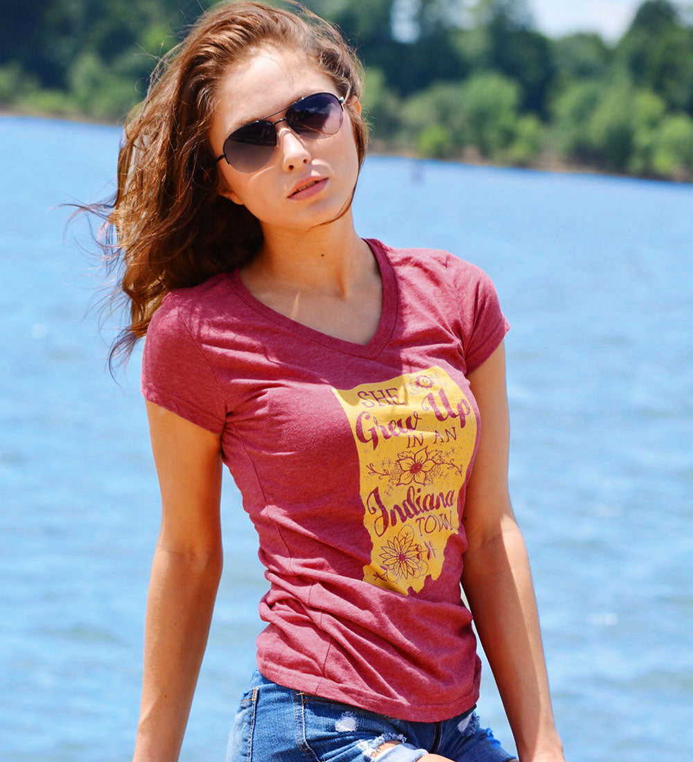 She Grew Up in an Indiana Town Red V-Neck Tee: Song Lyric State Shirt
