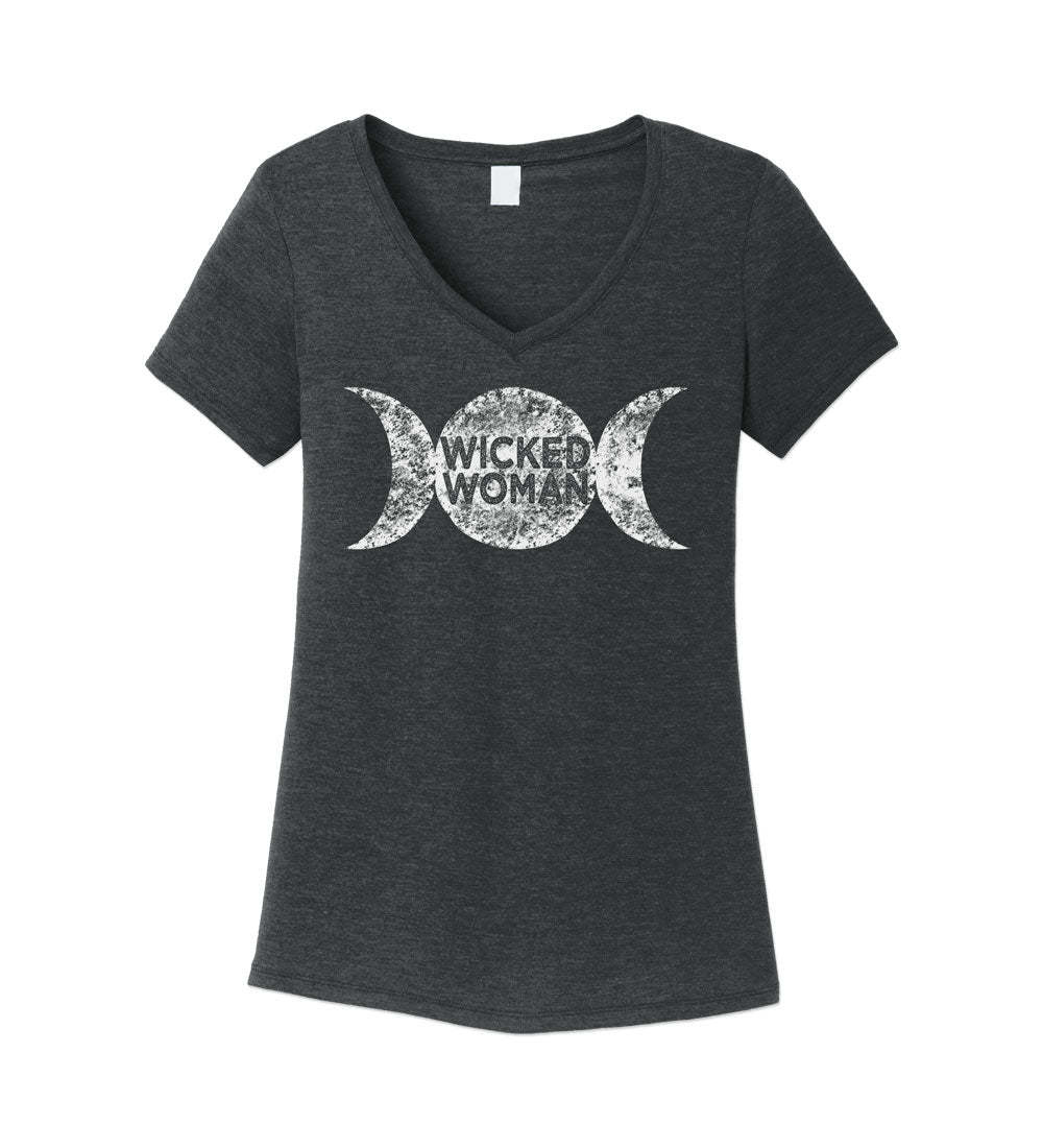 Triple Moon Goddess Tee: Witchy Lunar V-Neck Shirt