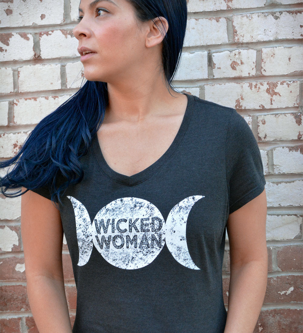 Triple Moon Goddess Tee: Witchy Lunar V-Neck Shirt