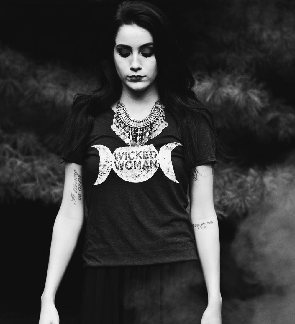 Triple Moon Goddess Tee: Witchy Lunar V-Neck Shirt