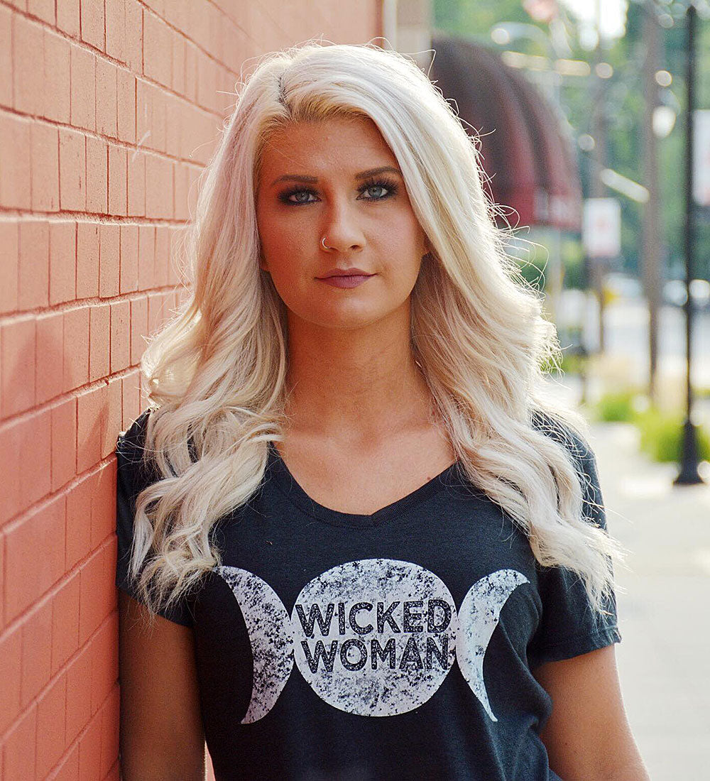 Triple Moon Goddess Tee: Witchy Lunar V-Neck Shirt