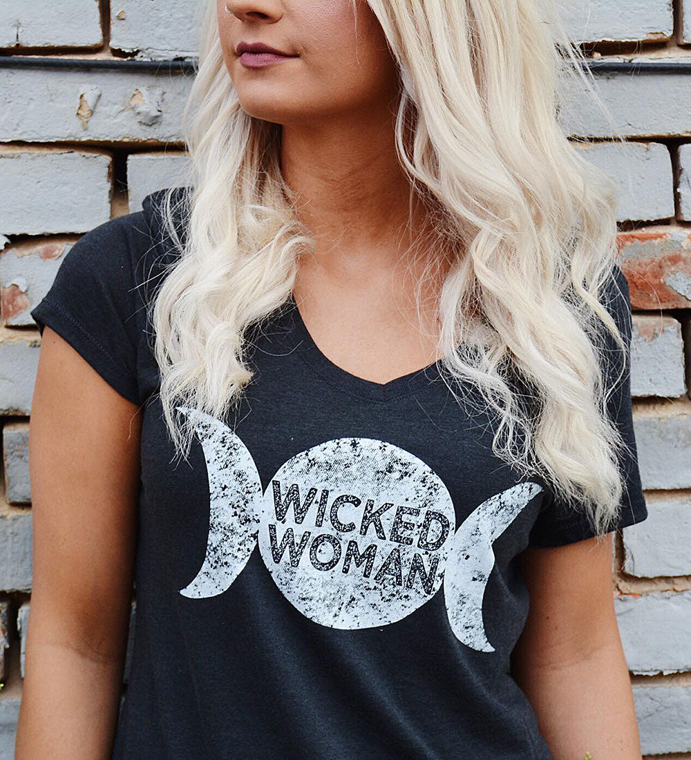 Triple Moon Goddess Tee: Witchy Lunar V-Neck Shirt