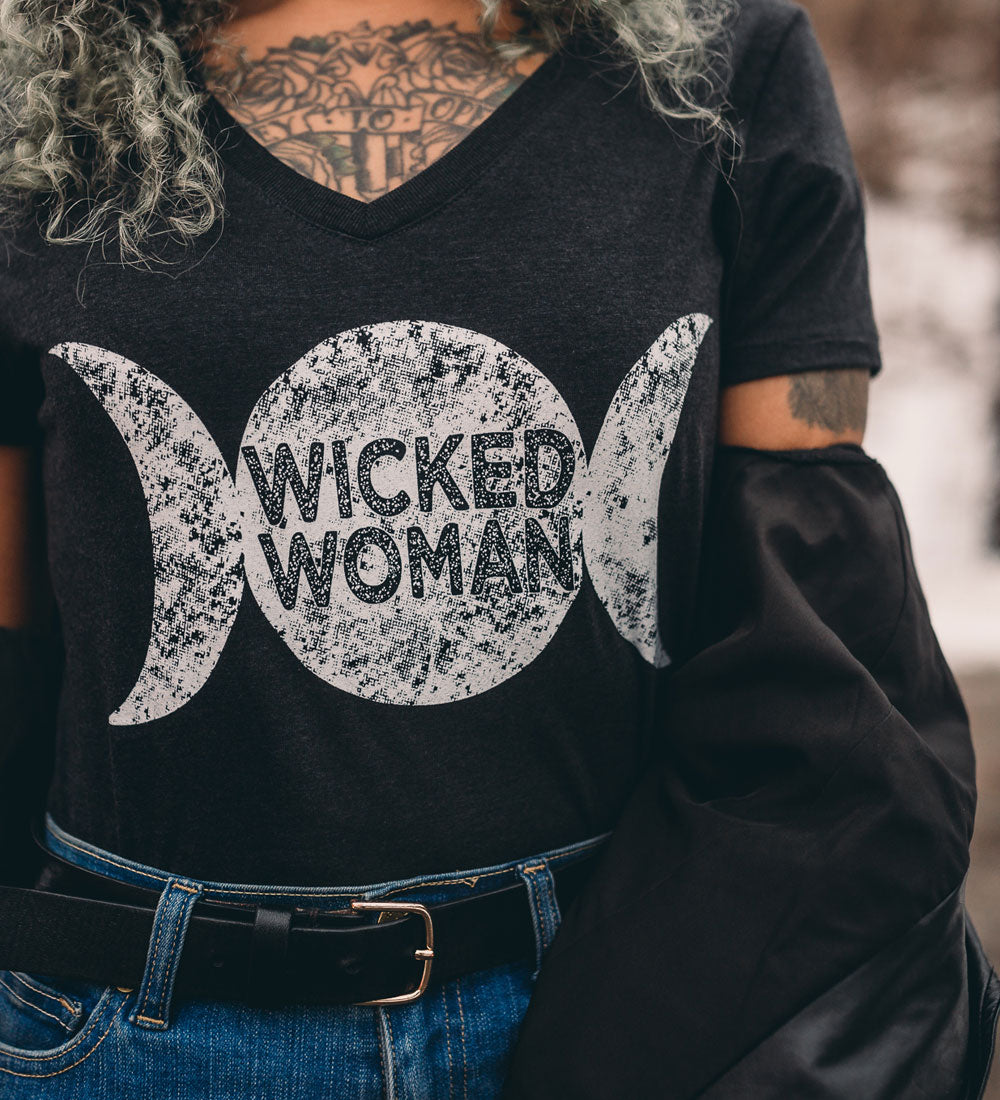 Triple Moon Goddess Tee: Witchy Lunar V-Neck Shirt