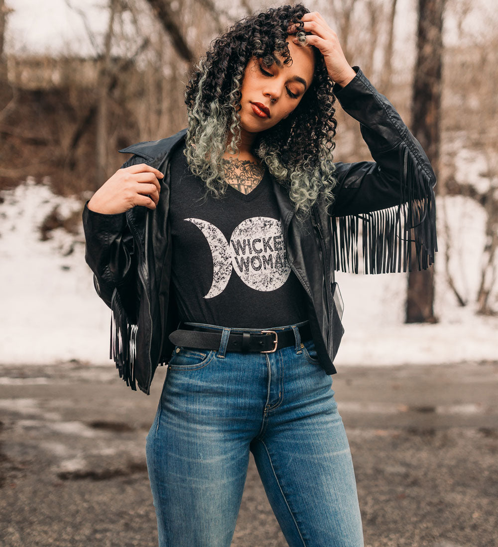 Triple Moon Goddess Tee: Witchy Lunar V-Neck Shirt