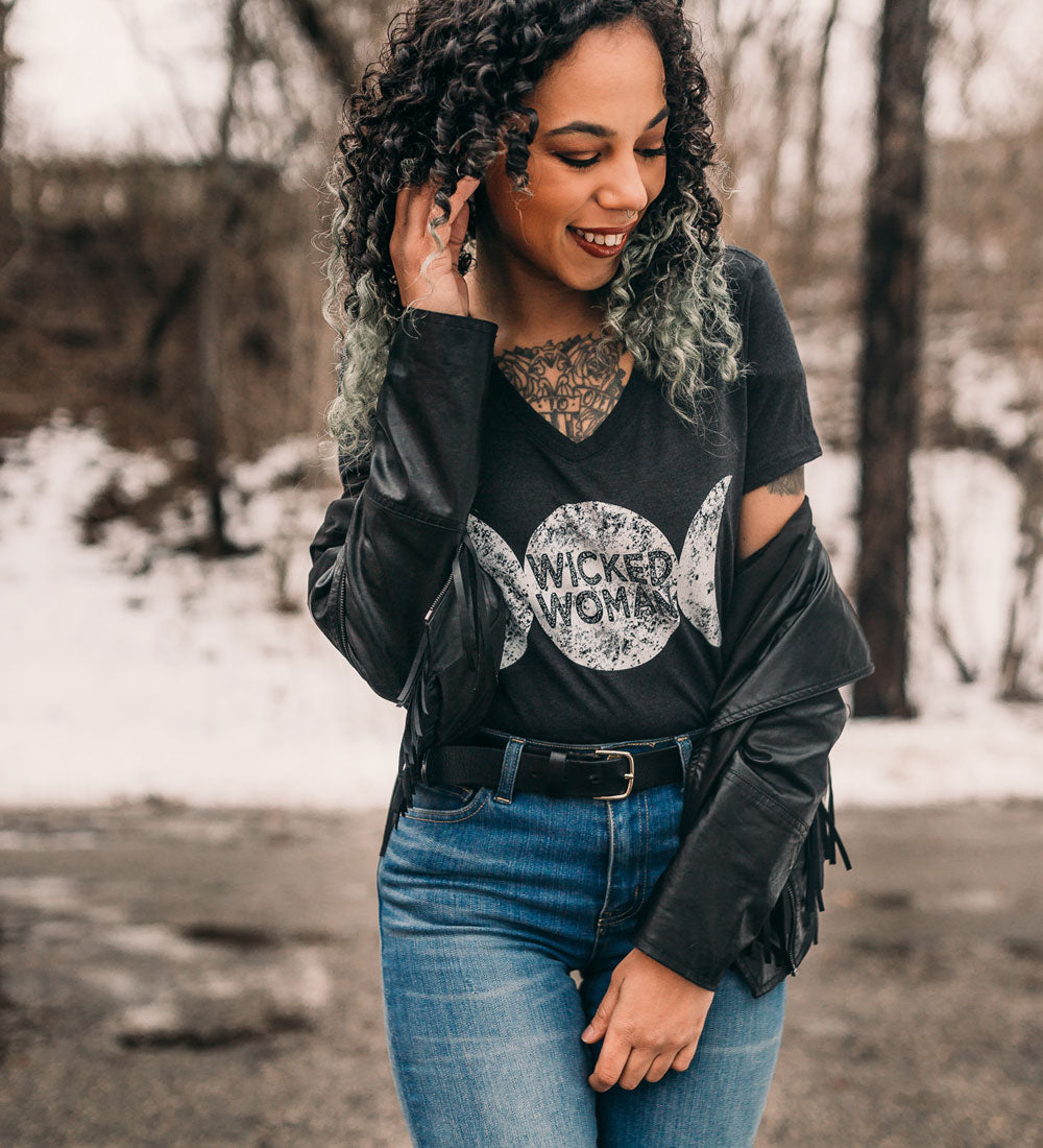 Triple Moon Goddess Tee: Witchy Lunar V-Neck Shirt