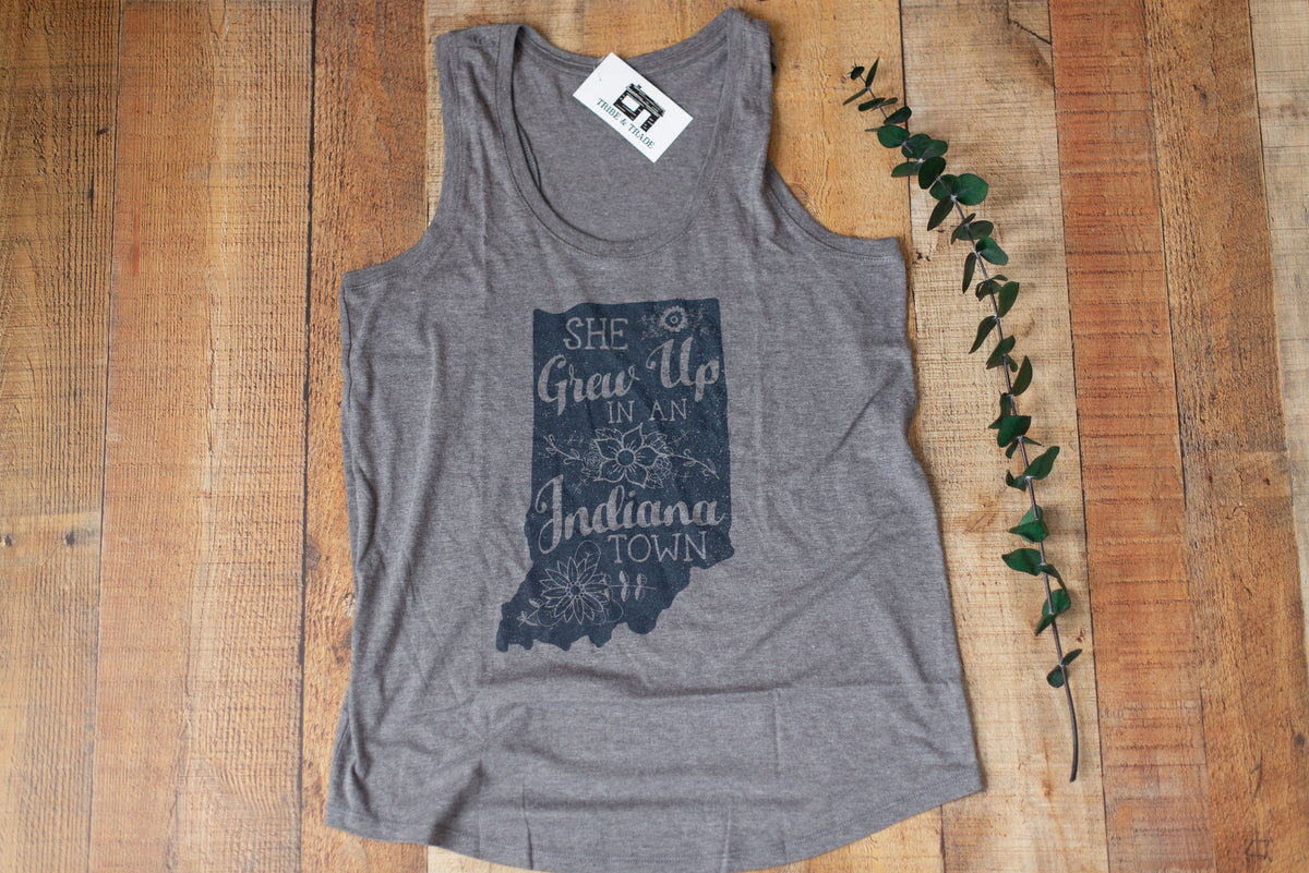 She Grew Up in an Indiana Town Gray Tank Top: Song Lyric State Shirt