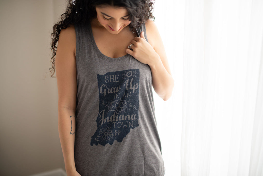 She Grew Up in an Indiana Town Gray Tank Top: Song Lyric State Shirt