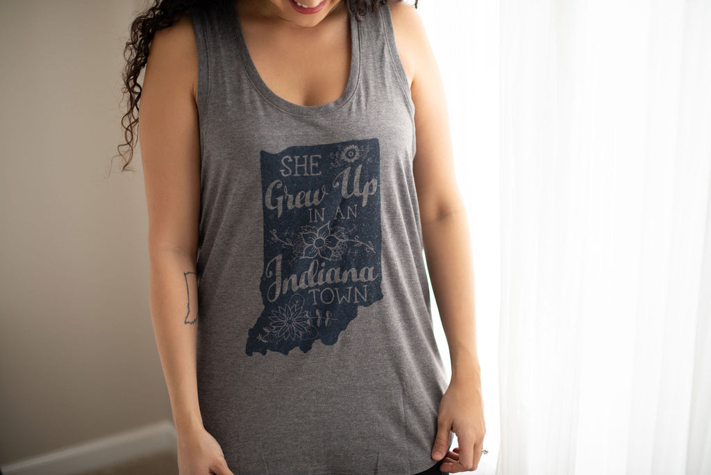 She Grew Up in an Indiana Town Gray Tank Top: Song Lyric State Shirt
