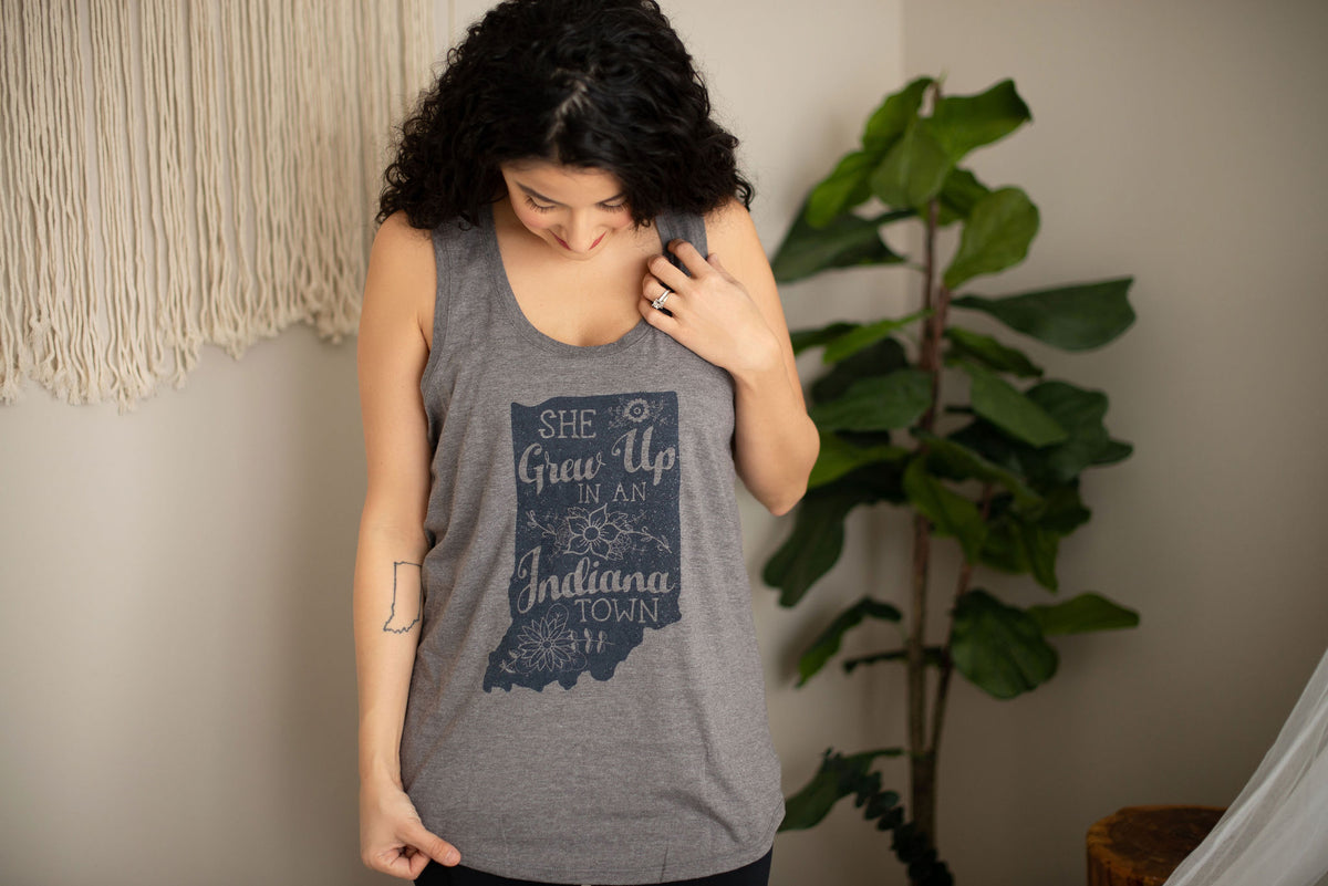 She Grew Up in an Indiana Town Gray Tank Top: Song Lyric State Shirt