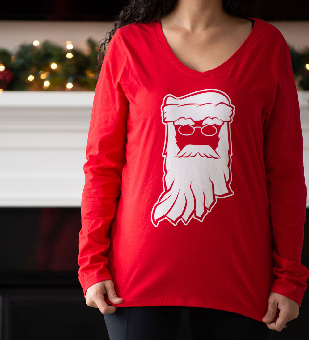 Indiana Santa Womens Tee: Red V-Neck Christmas Shirt