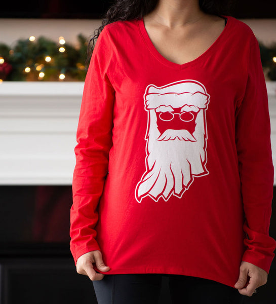 Santa Clause Indiana Red Womens Long Sleeve V-Neck Tee