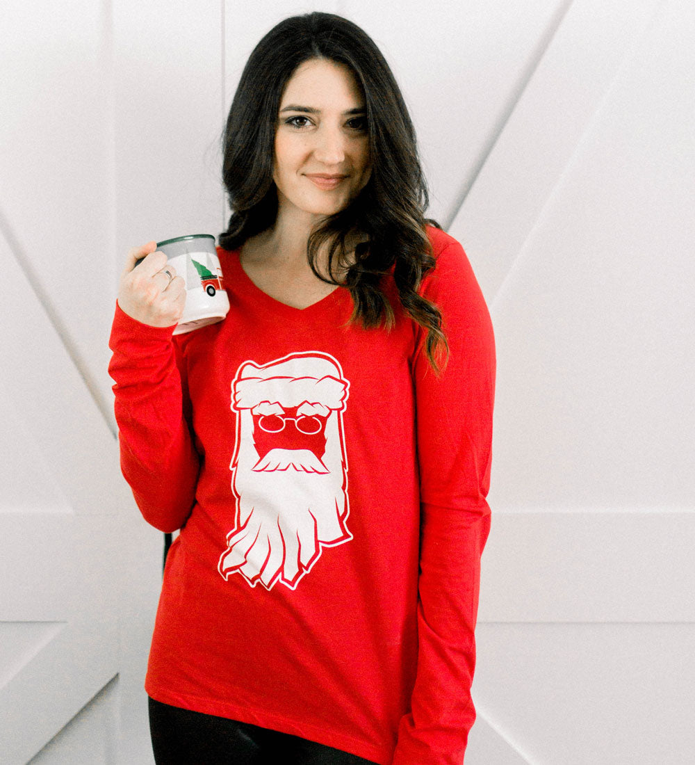 Indiana Santa Womens Tee: Red V-Neck Christmas Shirt