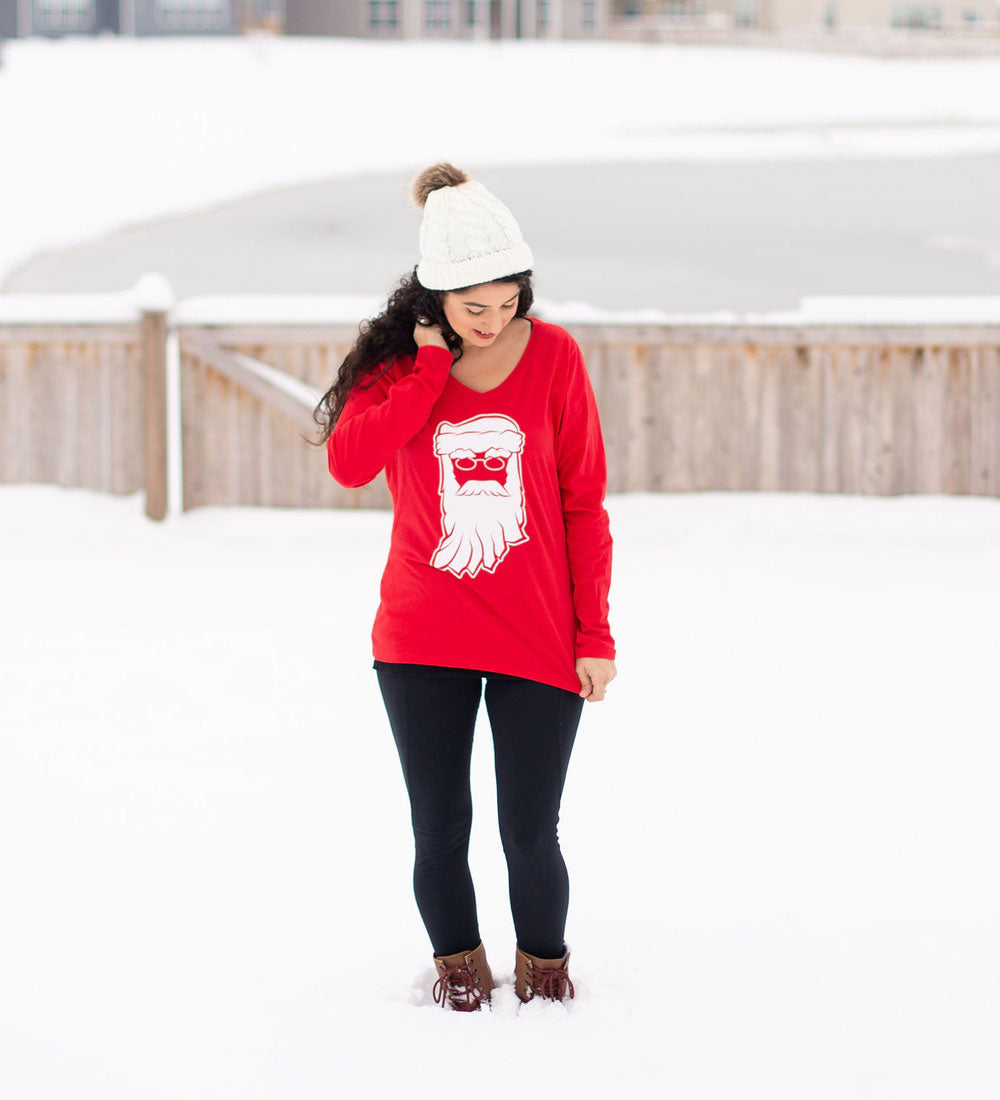 Indiana Santa Womens Tee: Red V-Neck Christmas Shirt