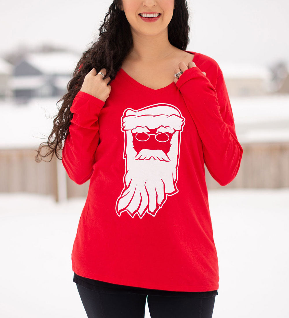 Indiana Santa Womens Tee: Red V-Neck Christmas Shirt