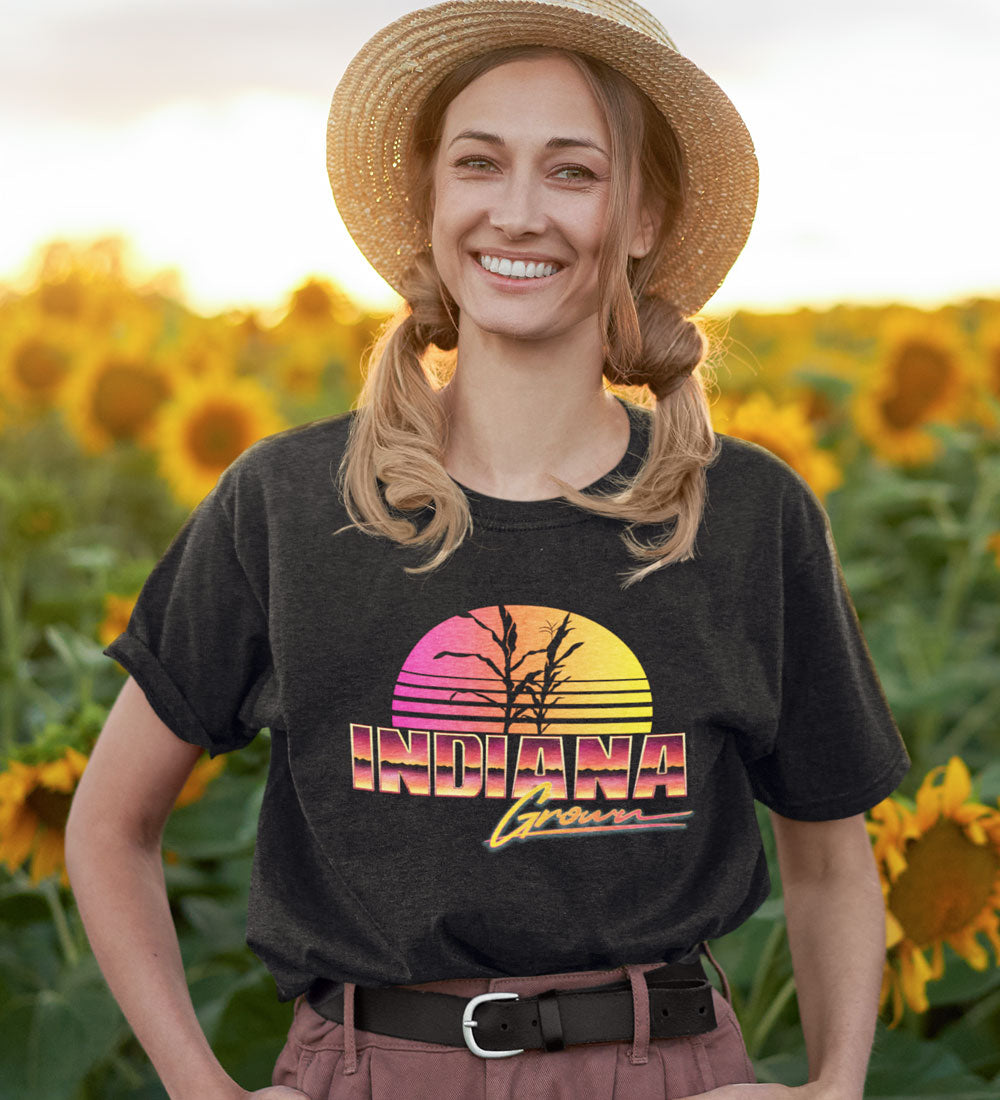 Indiana Grown Tee: Retro 80s Sunset Unisex Shirt