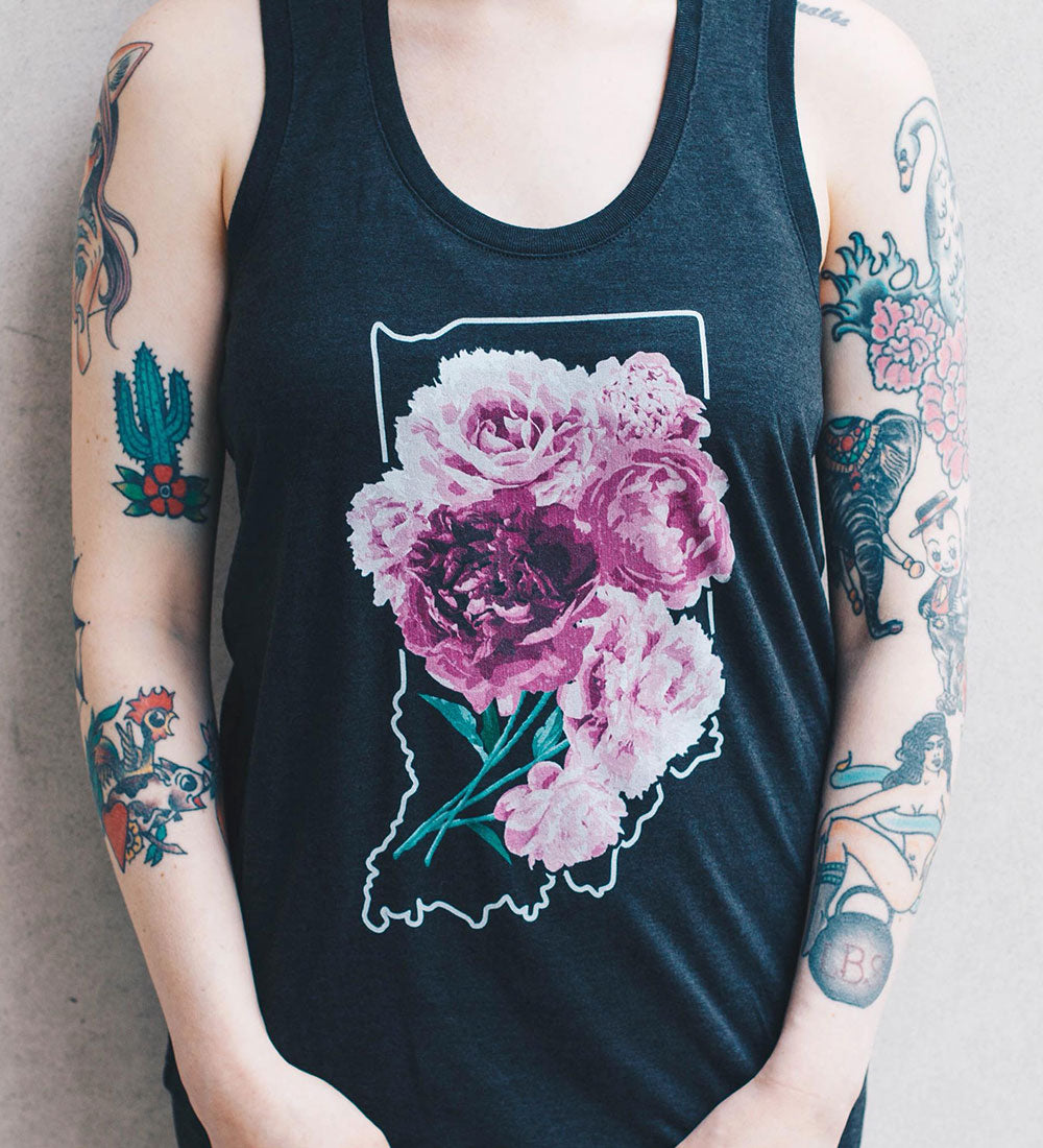 "Indiana Peonies" Womens Vintage Black Racerback Tank