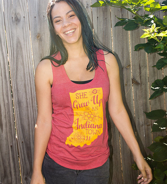 "She Grew Up In An Indiana Town" Womens Vintage Red Racerback Tank
