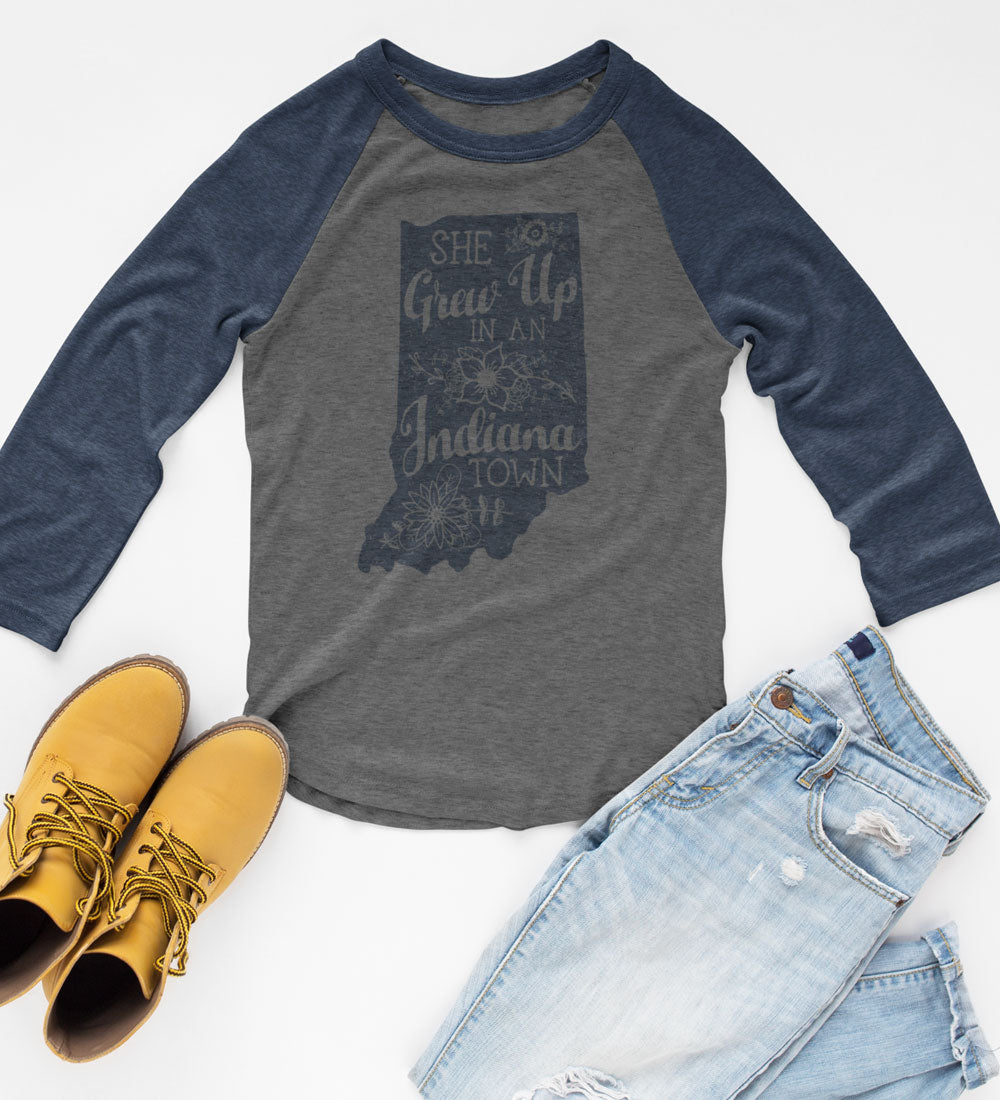 She Grew Up in an Indiana Town Gray and Blue Raglan Tee: Song Lyric State Shirt