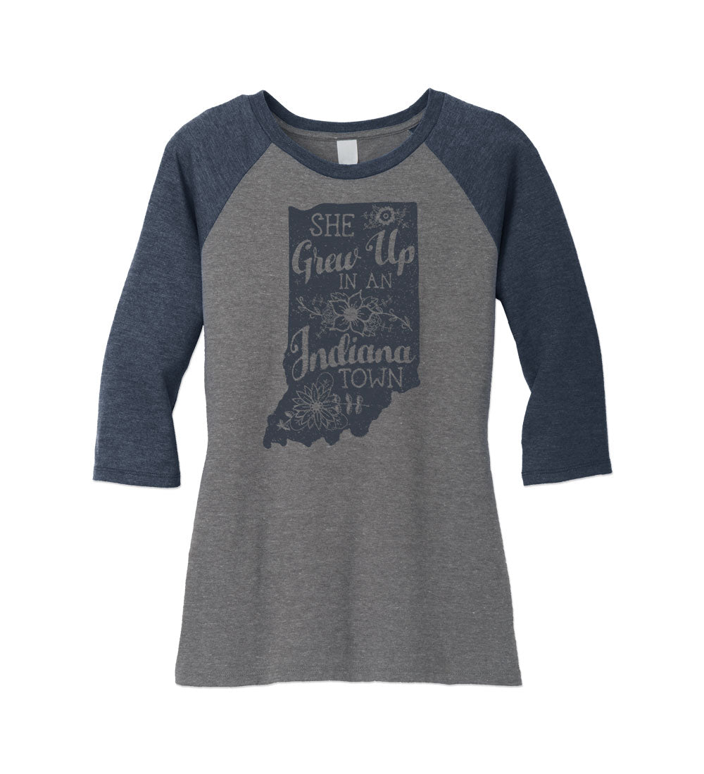 She Grew Up in an Indiana Town Gray and Blue Raglan Tee: Song Lyric State Shirt
