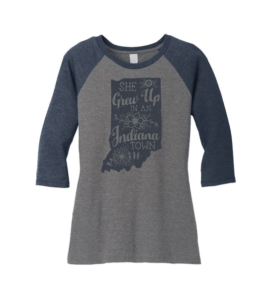 "She Grew Up In An Indiana Town" Womens Vintage Blue/Gray Raglan Tee