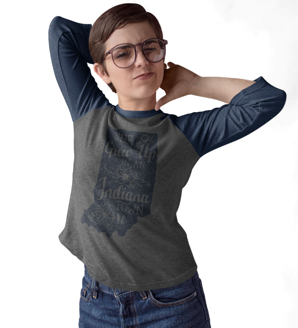 She Grew Up in an Indiana Town Gray and Blue Raglan Tee: Song Lyric State Shirt