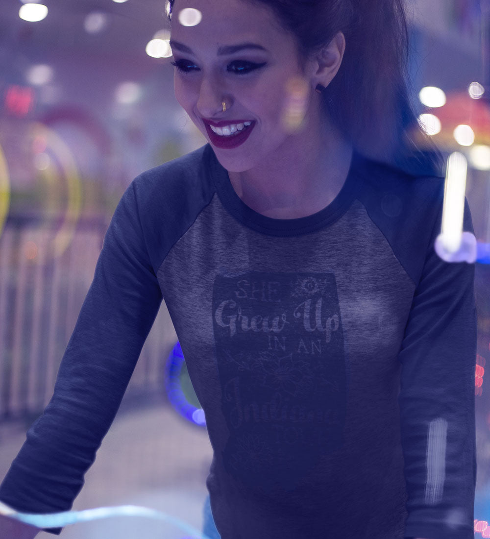 "She Grew Up In An Indiana Town" Womens Vintage Blue/Gray Raglan Tee