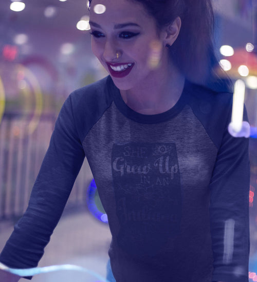 "She Grew Up In An Indiana Town" Womens Vintage Blue/Gray Raglan Tee