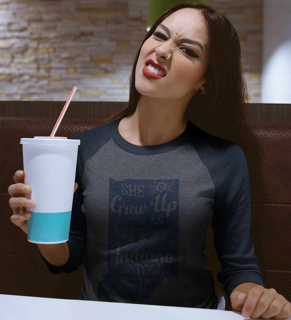 She Grew Up in an Indiana Town Gray and Blue Raglan Tee: Song Lyric State Shirt