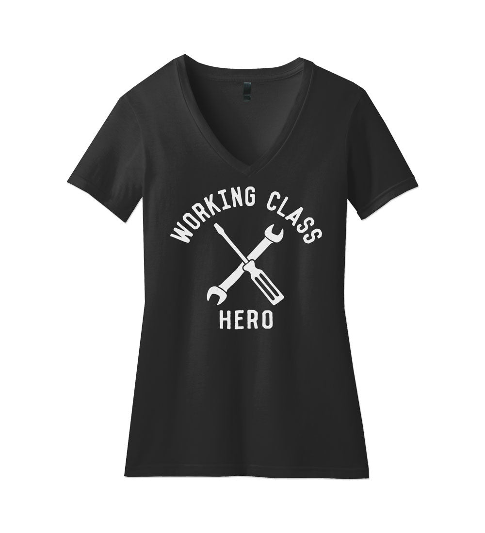 "Working Class Hero - Mechanic" Womens Black V-Neck Tee