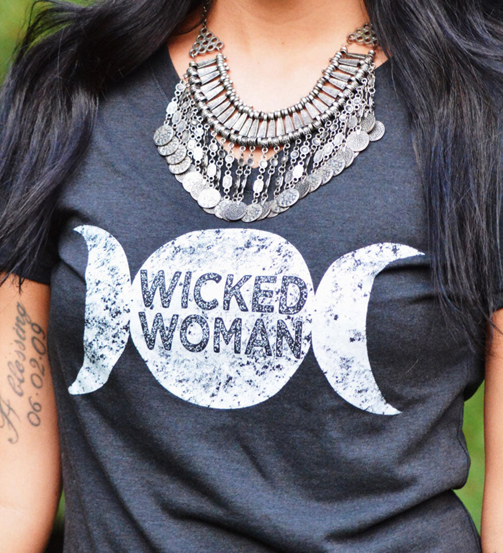 "Wicked Woman" Vintage Gray Womens V-Neck Tee