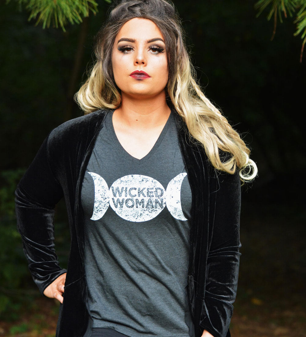 "Wicked Woman" Vintage Gray Womens V-Neck Tee