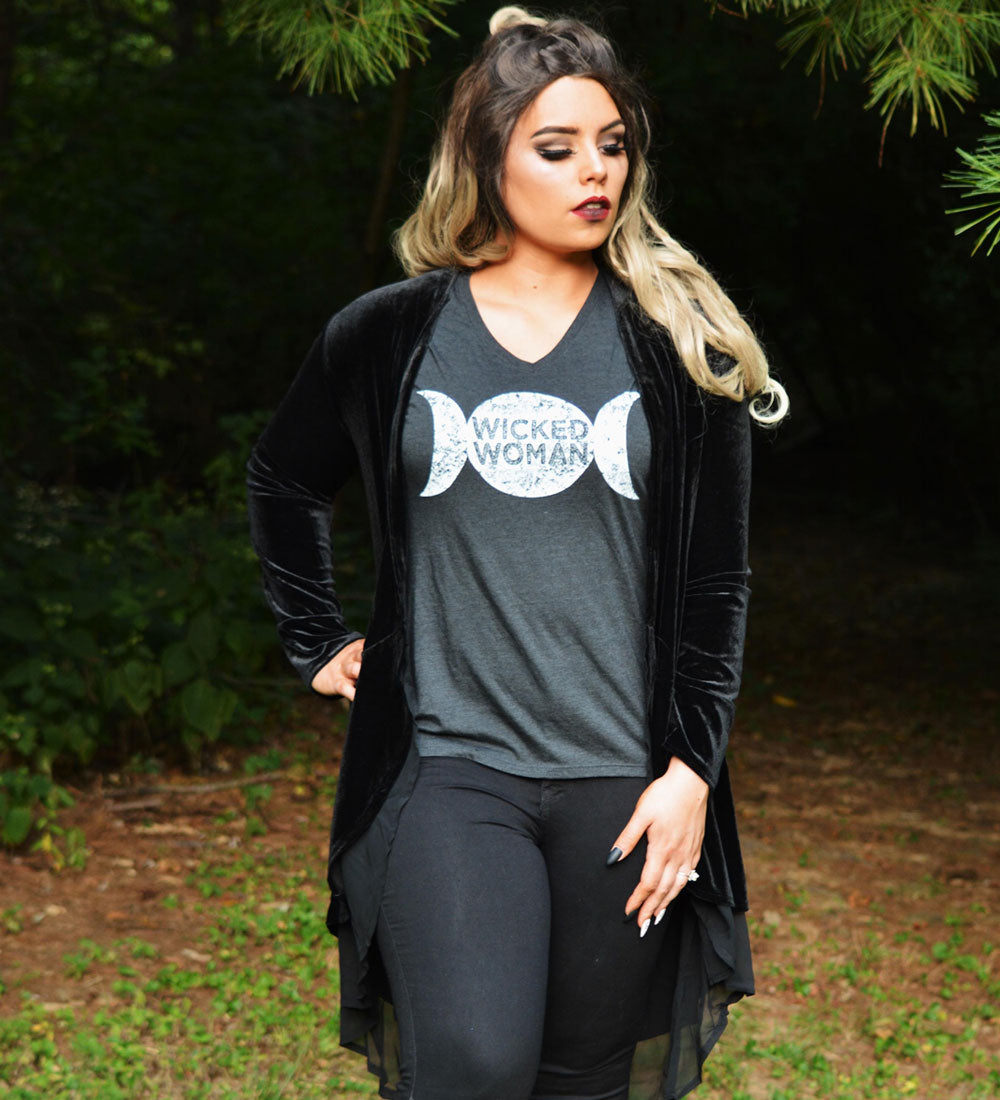 "Wicked Woman" Vintage Gray Womens V-Neck Tee