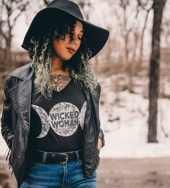 "Wicked Woman" Vintage Gray Womens V-Neck Tee