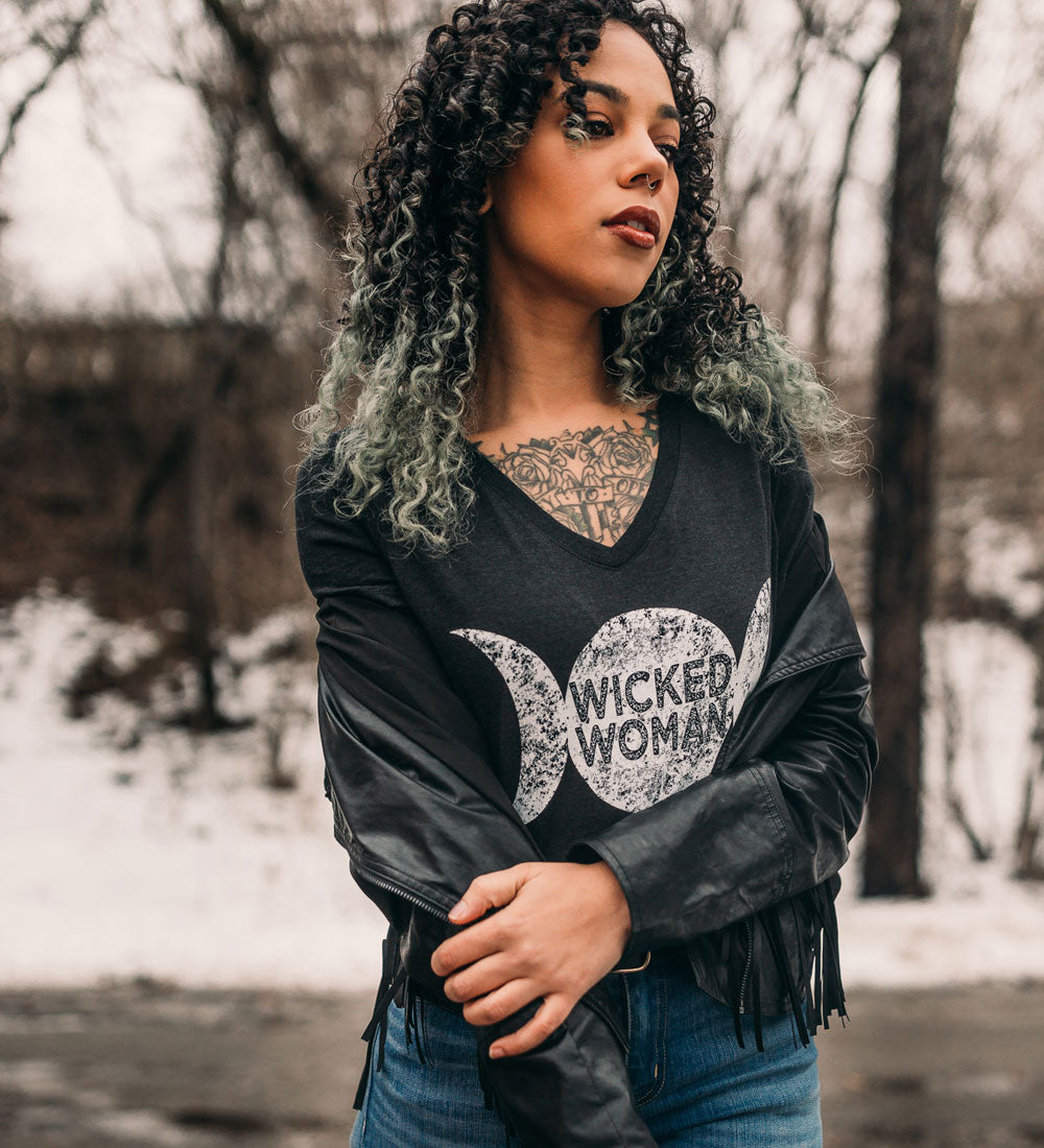 "Wicked Woman" Vintage Gray Womens V-Neck Tee